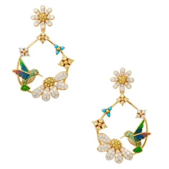 KATE SPADE• Hummingbird Flower Wreath Hoop Drop Earrings - Picture 1 of 8